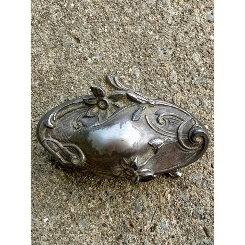 Vintage Art Nouveau Silver Tone Floral Footed Trinket Jewelry Box Teal Velvet